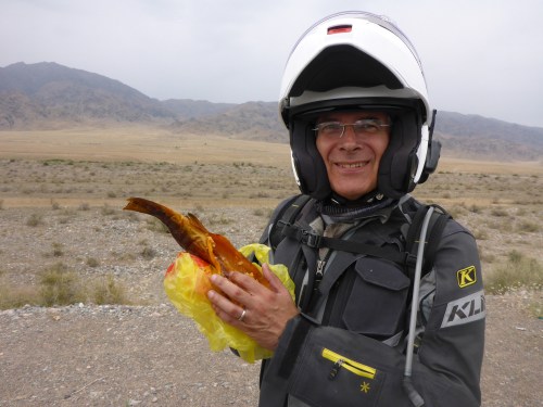 Enjoying our yellow fish on our way back to Bishkek.  It was so delicious - thank goodness for wet wipes to clean our hands before heading off again!