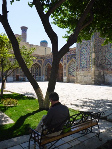 Anthony enjoying the serenity of Tilya-Kori madrasah, Registan, Samarkand, Uzbekistan