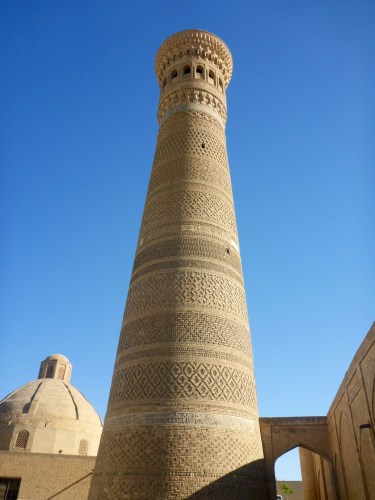 Poi-Kalon minaret, Bukhara, Uzbekistan - 47m high, it was built in 1127, over deep foundations of reeds to withstand earthquakes and has never required structural repairs.  