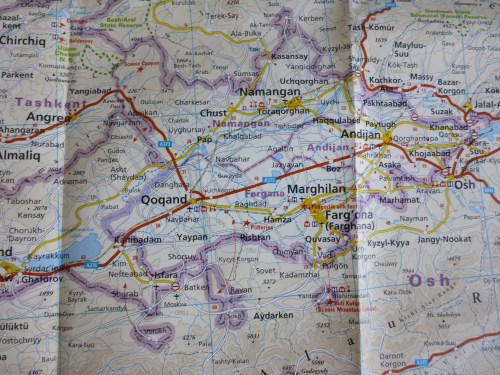 Map of Fergana Valley, Uzbekistan, showing some of the enclaves whose access is disputed -see the red arrows