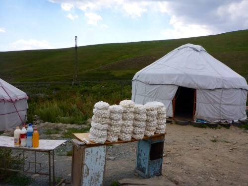Yurts with mare's cheese and milk products for sale, Kyrgyzstan