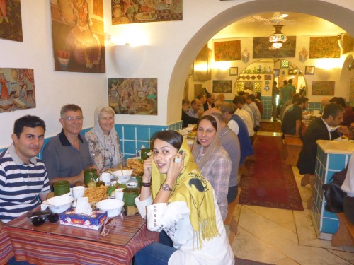 Eating traditional dizi with Saba's father and friends, Tehran, Iran