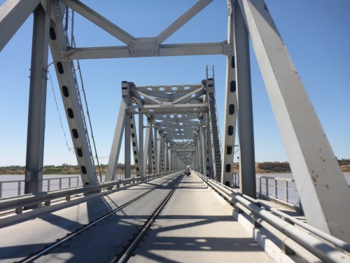 Bridge on road to Khiva - shared between trains and road users - there was a police man waving road traffic through, but it did feel strange