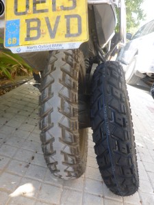 Anne's back tyre after 13000kms.  The puncture plug held well for 6380 kms but time for a new tyre nevertheless as we expect to do another 8000 kms before the next service.