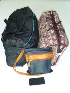 Our luggage for the next 7-10 days, includes 2 pillows, 2 sets of toiletries, 2 changes of clothes, all our medication for the next 3 months and all our essential paperwork 