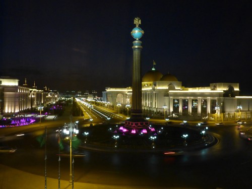 The "dead road" with lit street markings and synchronised coloured fountains, Ashgabat, Turkmenistan
