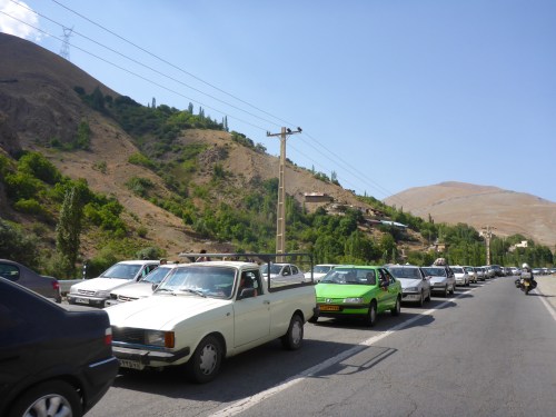 Got tired of this traffic jam on the Chalus road and turned back up the mountain - notice how the road is one lane each way, but there are 3 going down
