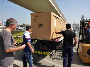 Storm being loaded onto the truck under Anthony's careful watch