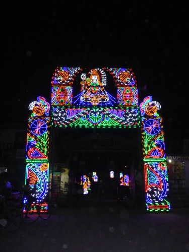 Light display over tiny street in Guwahati