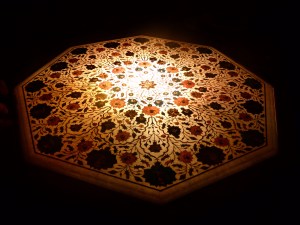 The craftmanship in Agra was impressive.  This white marble table with various semi-precious stone inlays is backlit to great effect