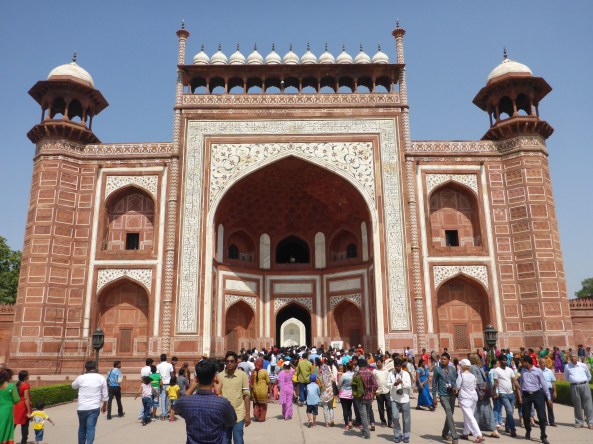 Eastern gate to the Taj Mahal, which we can just see in the distance
