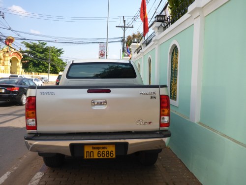 Big cars take over pavements in Vientiane, Laos