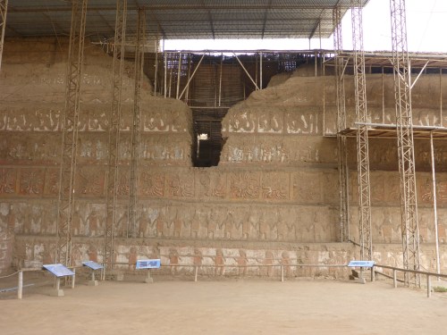 Huaca de la Luna, fifth layer walls damaged by Spanish to plunder tombs inside.